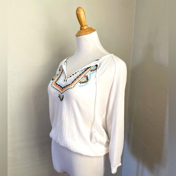 Lucky Brand Long Sleeve Top Embroidered w/ Tassels White XS - Picture 3 of 6